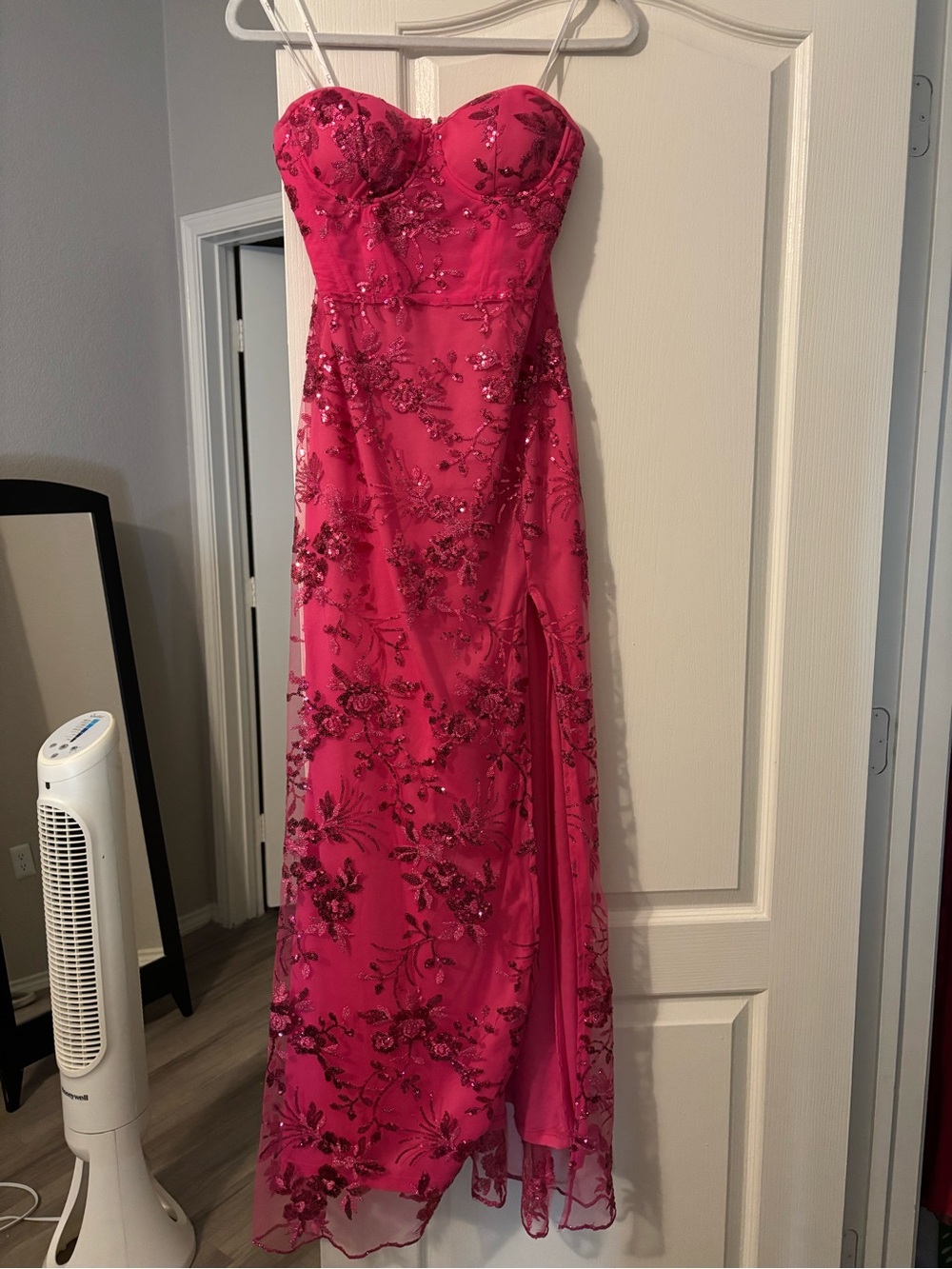 Lulu's Hot Pink Strapless Sequin Embroidered Evening Gown